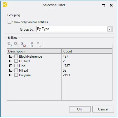 Selection Filter Dialog Box - Kobi Toolkit for AutoCAD