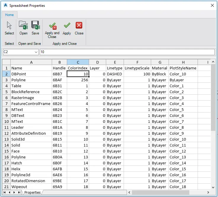 Spreadsheet Properties dialog box - Kobi Toolkit for AutoCAD and BricsCAD