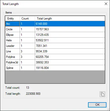 Total Length dialog box - Kobi Toolkit for AutoCAD and BricsCAD