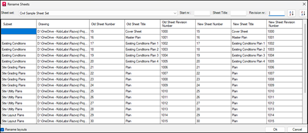 Rename Sheets dialog box - Kobi Toolkit for AutoCAD and BricsCAD