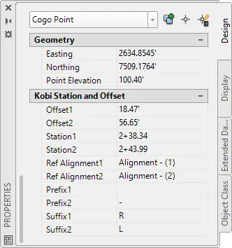 Station and offset properties of COGO points - Kobi Toolkit for Civil 3D