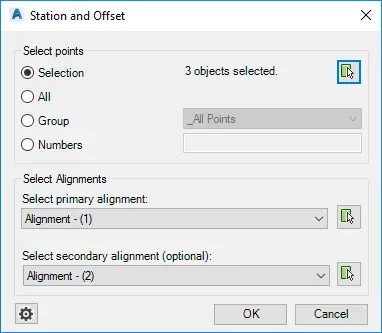 Station and Offset to Points dialog box - Kobi Toolkit for Civil 3D
