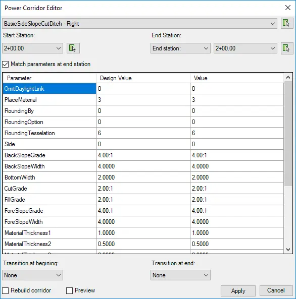Power Corridor Editor dialog box - Kobi Toolkit for Civil 3D
