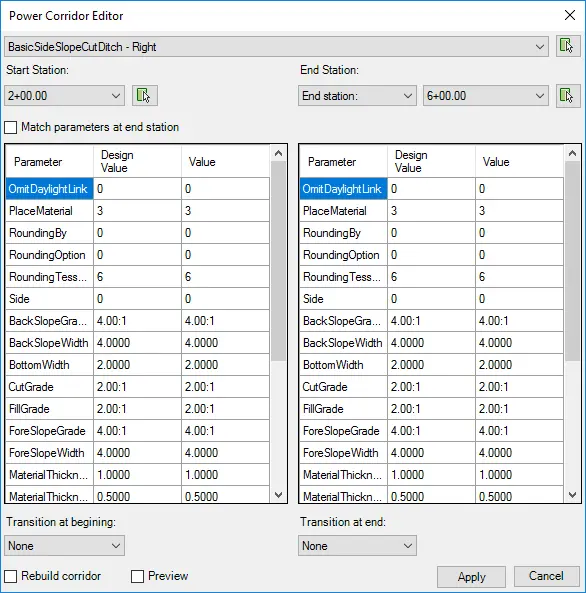 How to edit parameters between two stations using the transition - Kobi Toolkit for Civil 3D