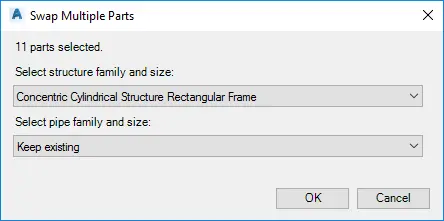 Swap Multiple Parts dialog box - Kobi Toolkit for Civil 3D