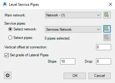 Level Service Pipes dialog box - Kobi Toolkit for Civil 3D