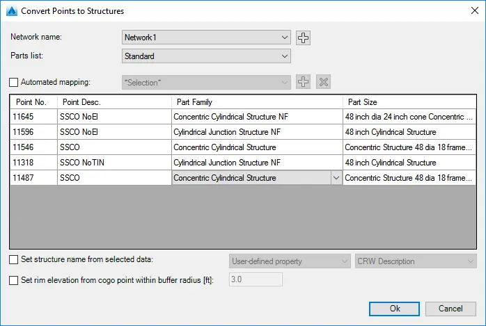 Convert Points to Structures dialog box - Kobi Toolkit for Civil 3D