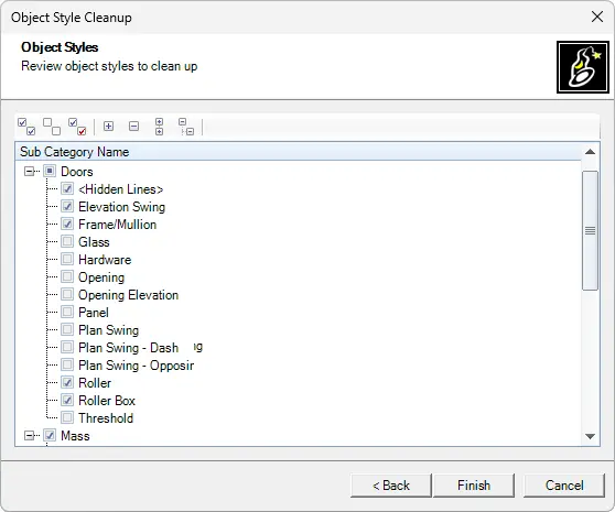 Object Style Cleanup dialog box, select subcategories - Kobi Toolkit for Revit