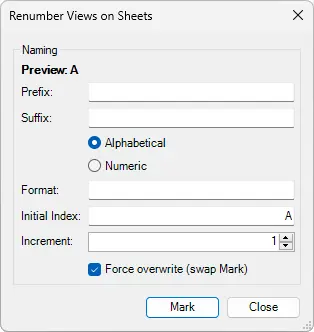 Revit Renumber Views on Sheets dialog box - Kobi Toolkit for Revit