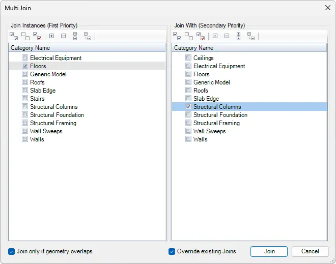 Multi Join dialog box - Kobi Toolkit for Revit