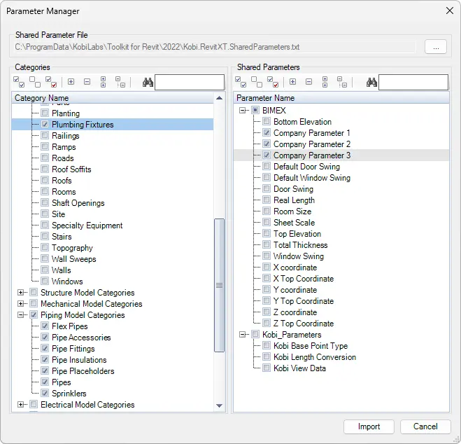 Parameter Manager dialog box - Kobi Toolkit for Revit