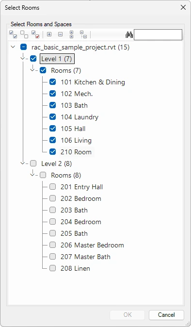 Room To Ceiling - Select Rooms dialog box - Kobi Toolkit for Revit