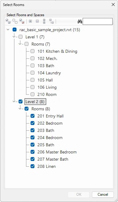 Zoom To Room or Space dialog box - Kobi Toolkit for Revit