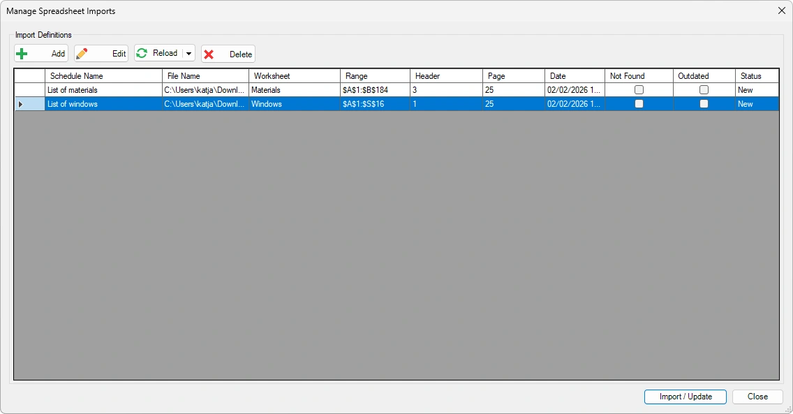 Manage Spreadsheet Imports dialog box - Kobi Toolkit for Revit