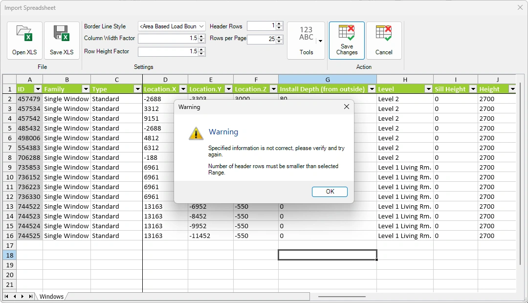 Warning in Import Spreadsheet - Kobi Toolkit for Revit