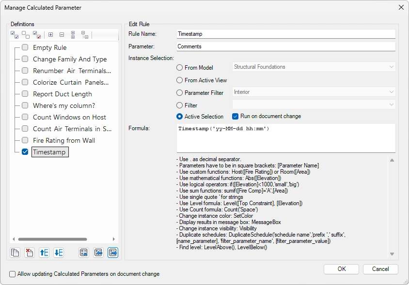 Manage Calculated Parameters dialog box - Kobi Toolkit for Revit